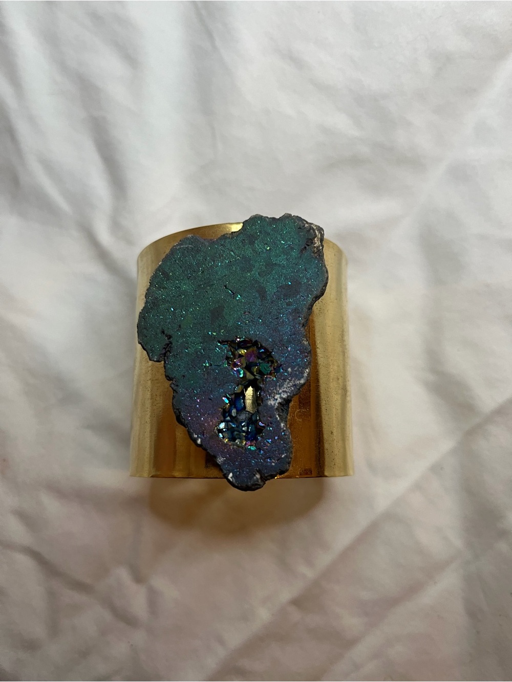 Gold Cuff Bracelet with Iridescent Blue-Green Druzy Accent